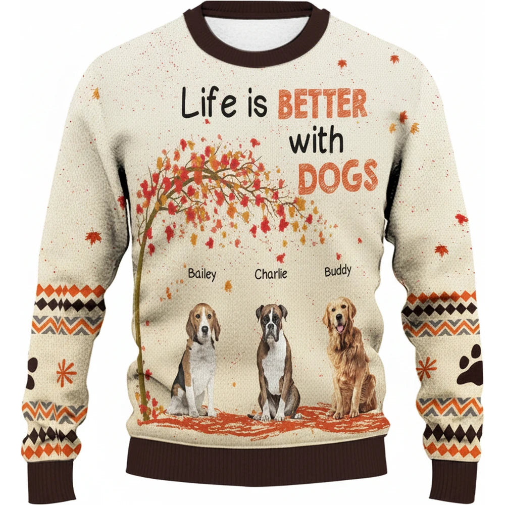 Custom Photo Sweater with Life is Better with Dogs Fall Tree product on white background
