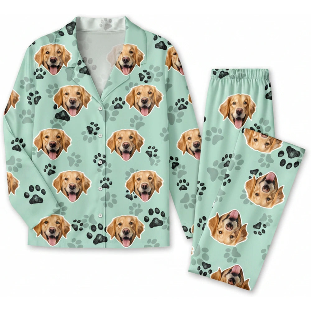 Custom Photo Upload Pajamas with Dog Faces & Paw Prints product on white background