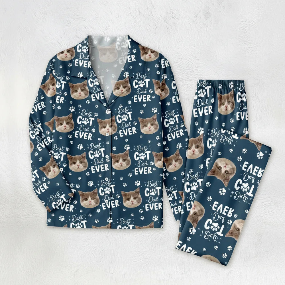 Custom Photo Upload Pajamas with Best Cat Dad Ever & Paw Prints product on white