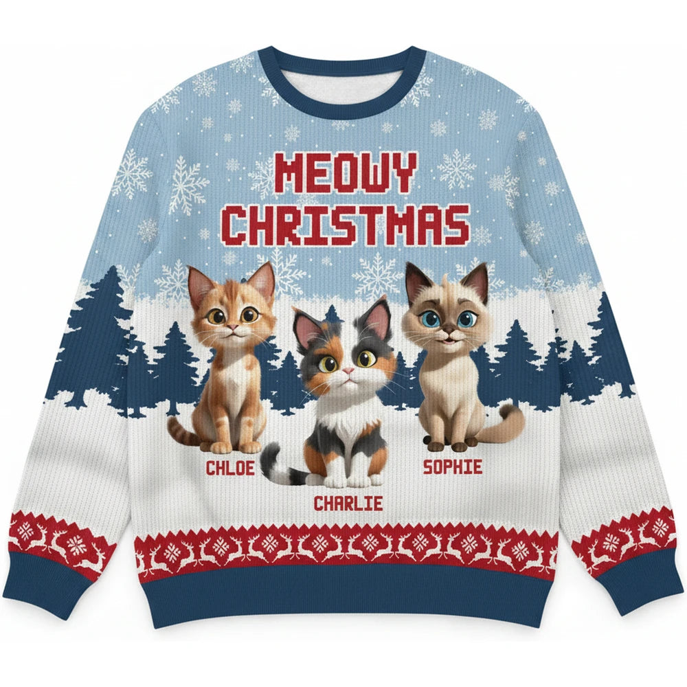 Custom Personalized Meowy Christmas Sweater with Cats & Snowflakes product on white background