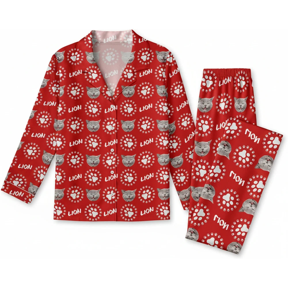 Custom Photo Upload Pajamas with Cat Face & Paw Print Pattern product on white background