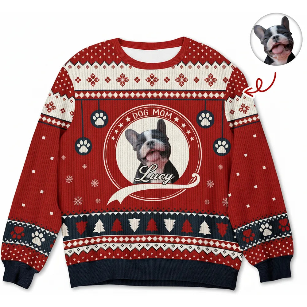 Custom Photo Upload Dog Mom Sweater with Fair Isle Pattern product on white background