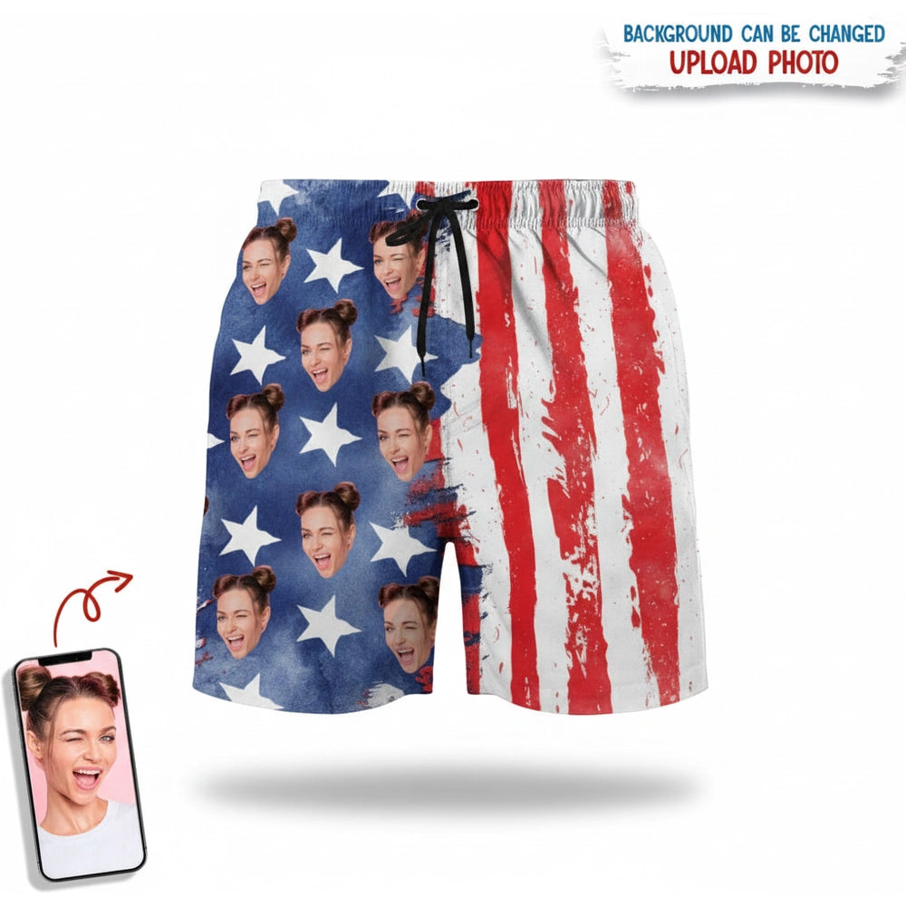 Custom Photo Upload Beach Shorts with American Flag & Stars product on white background