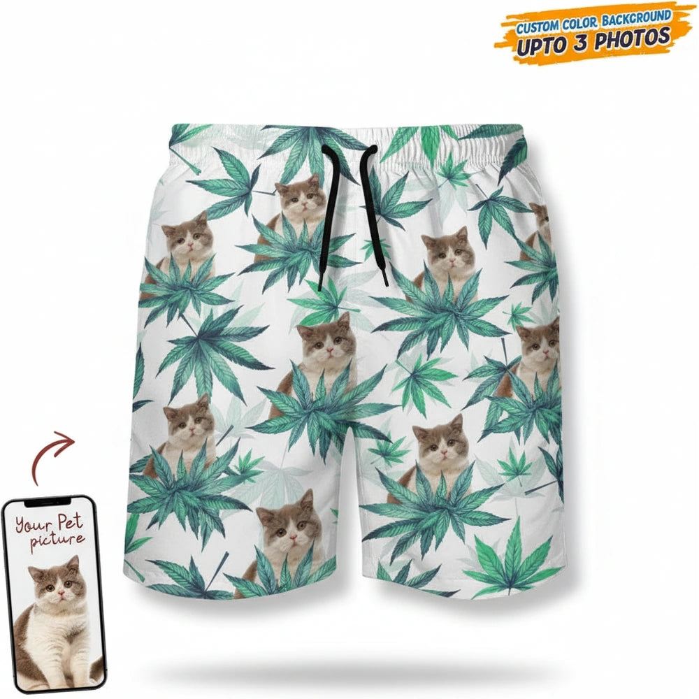 Custom Photo Upload Beach Shorts with Cannabis Leaves product on white background