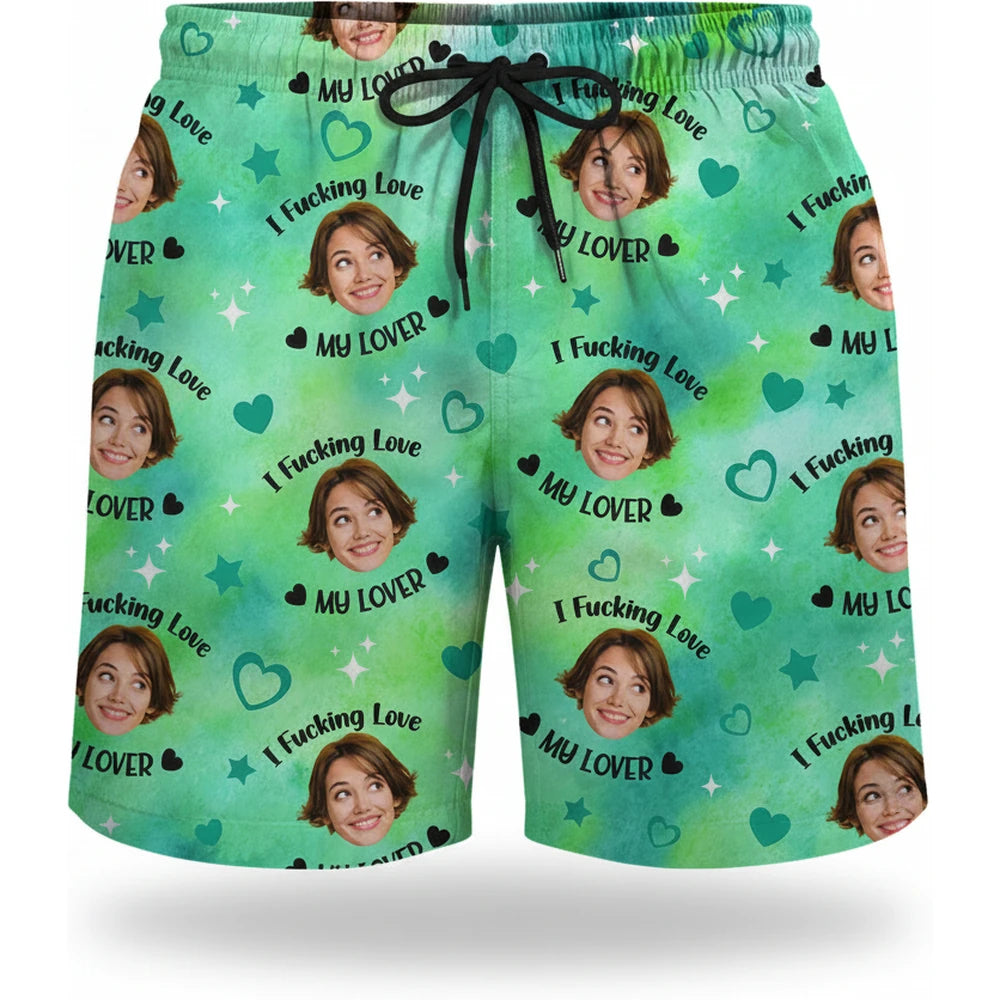 Custom Photo Upload Beach Shorts with Hearts and Stars Pattern product on white background