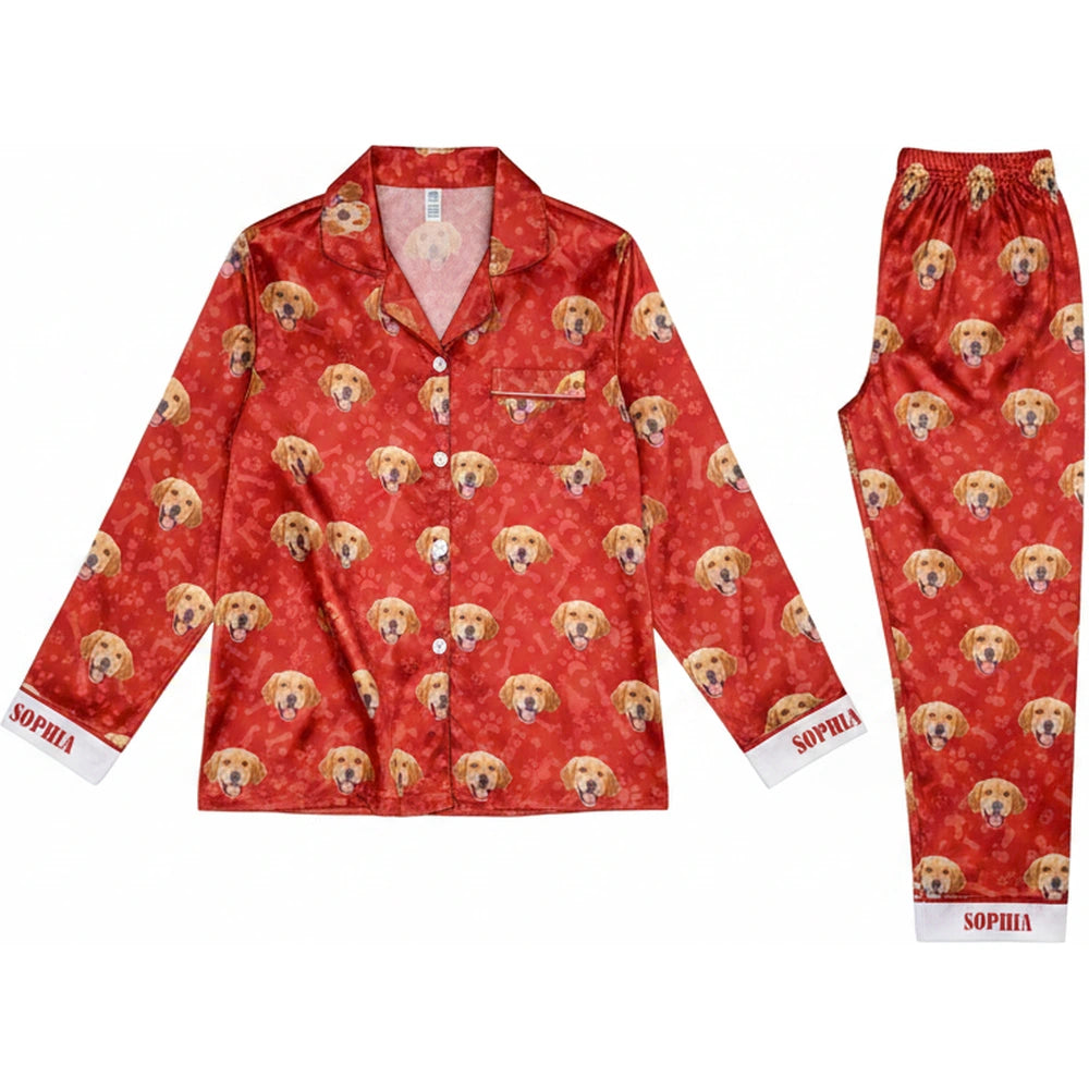 Custom Photo Upload Pajamas with Golden Retriever Pattern & Red Hearts product on white background
