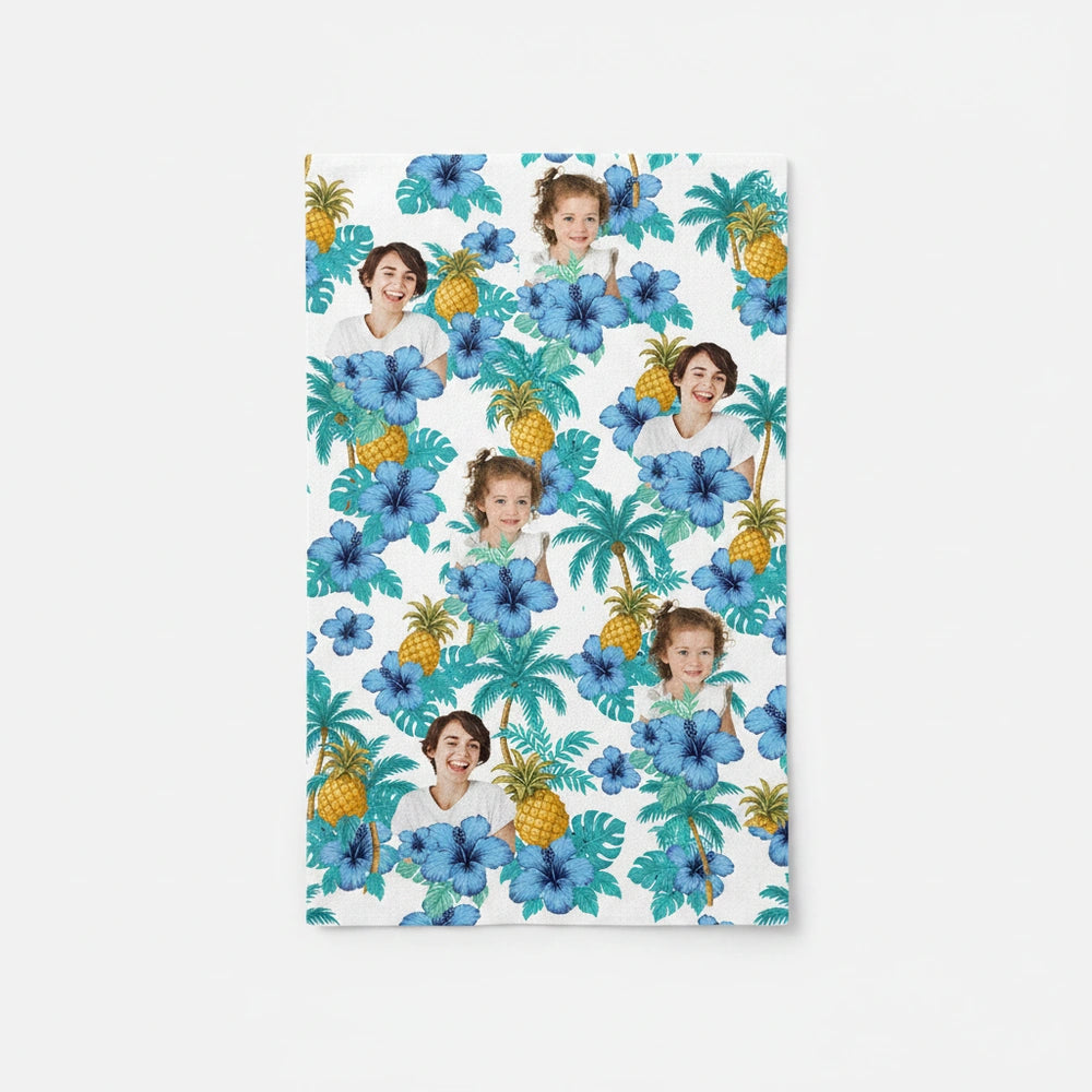 Custom Photo Upload Beach Towel with Tropical Hibiscus & Pineapples product on white background