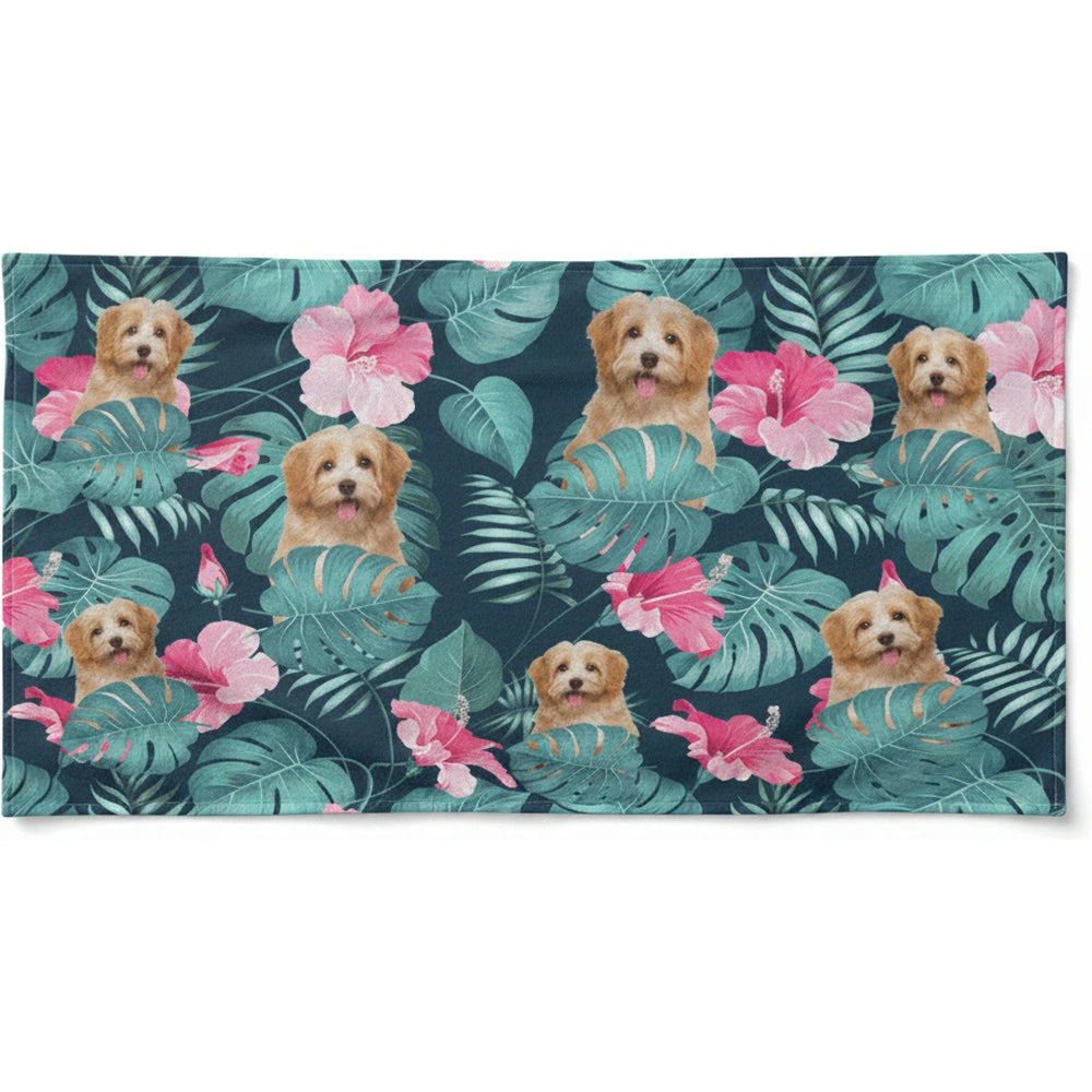 Custom Photo Upload Beach Towel with Tropical Leaves & Hibiscus product on white background