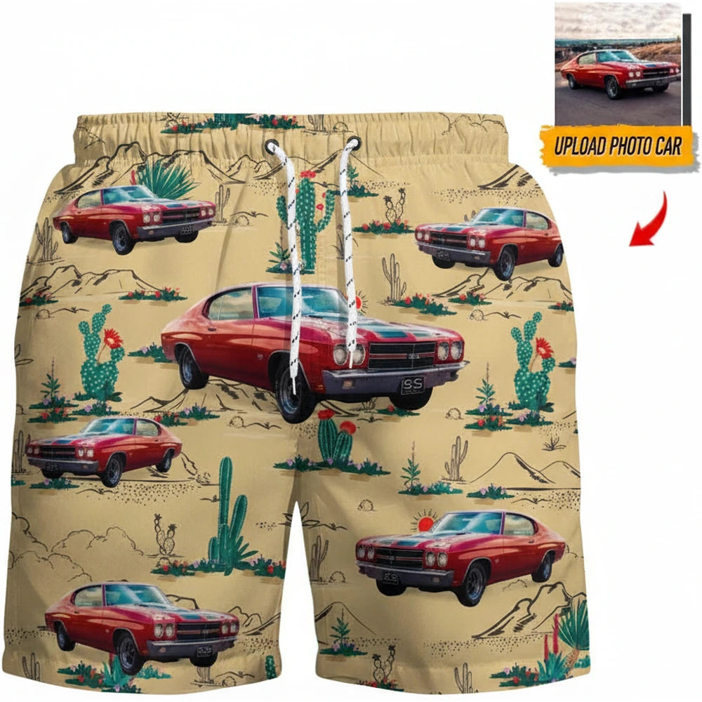 Custom Photo Upload Beach Shorts with Desert Cacti Pattern product on white background