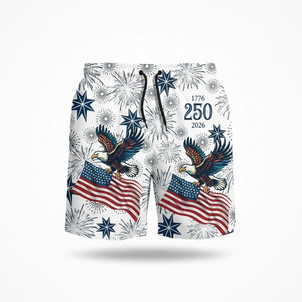 Custom Personalized Beach Shorts with Eagle Fireworks & American Flag product on white background