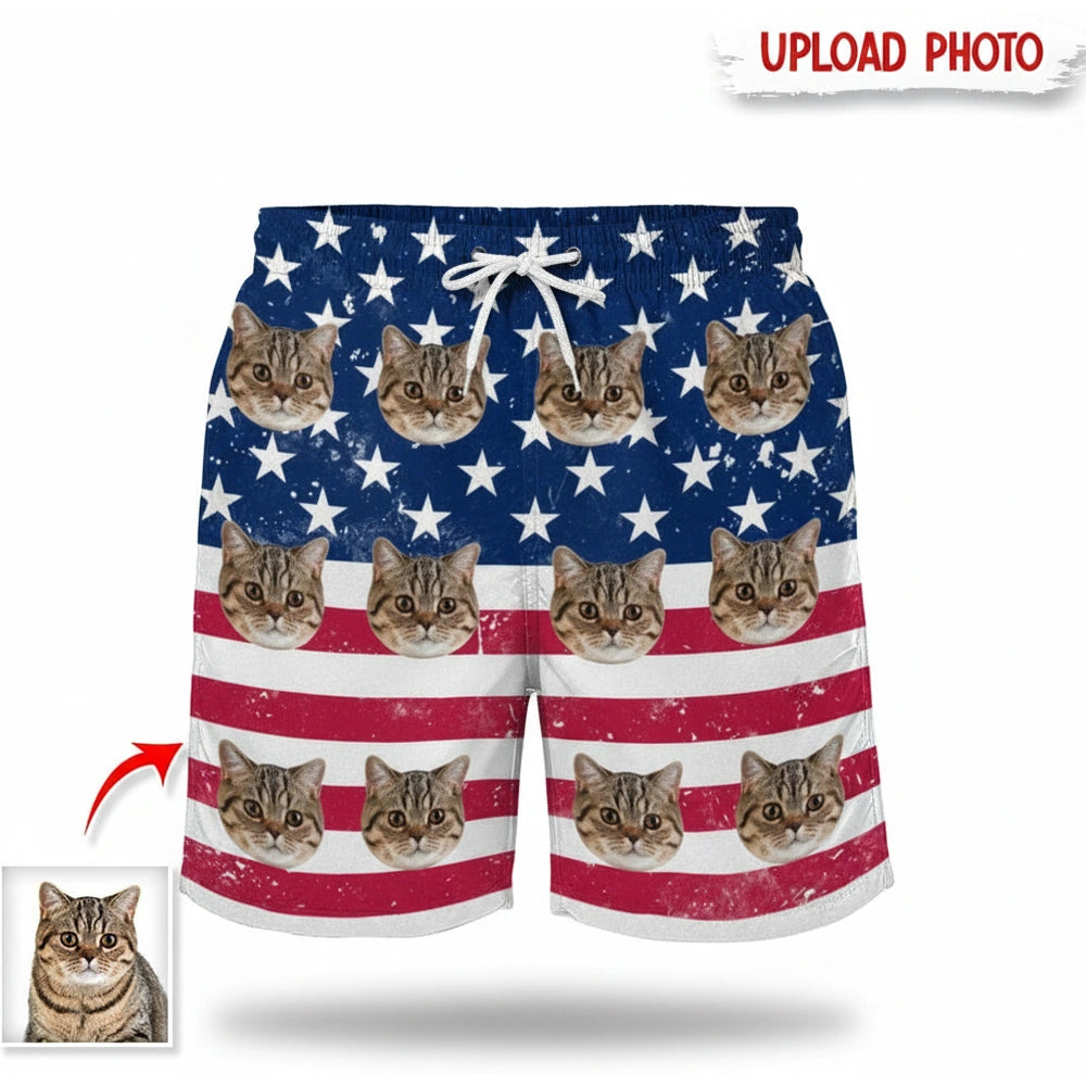 Custom Photo Upload Beach Shorts with American Flag & Stars product on white background