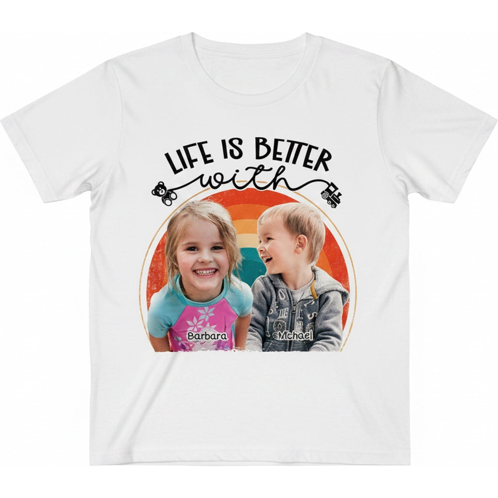 Custom Photo Upload T-Shirt with Life Is Better With Retro Circle product on white background
