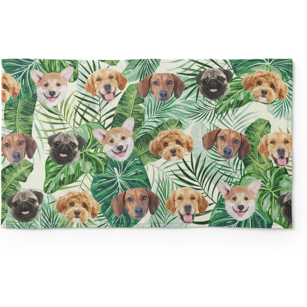 Custom Photo Upload Beach Towel with Tropical Leaves & Dog Faces product on white background