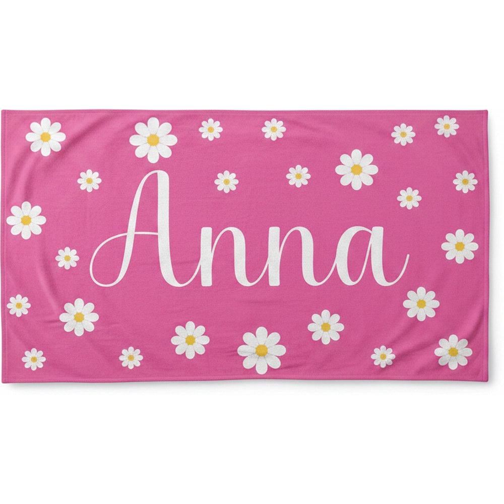 Custom Personalized Beach Towel with White Daisies on Pink product on white background