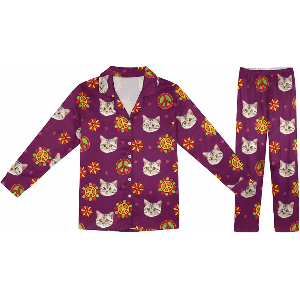 Custom Photo Upload Pajamas with Cat Faces & Peace Signs product on white background