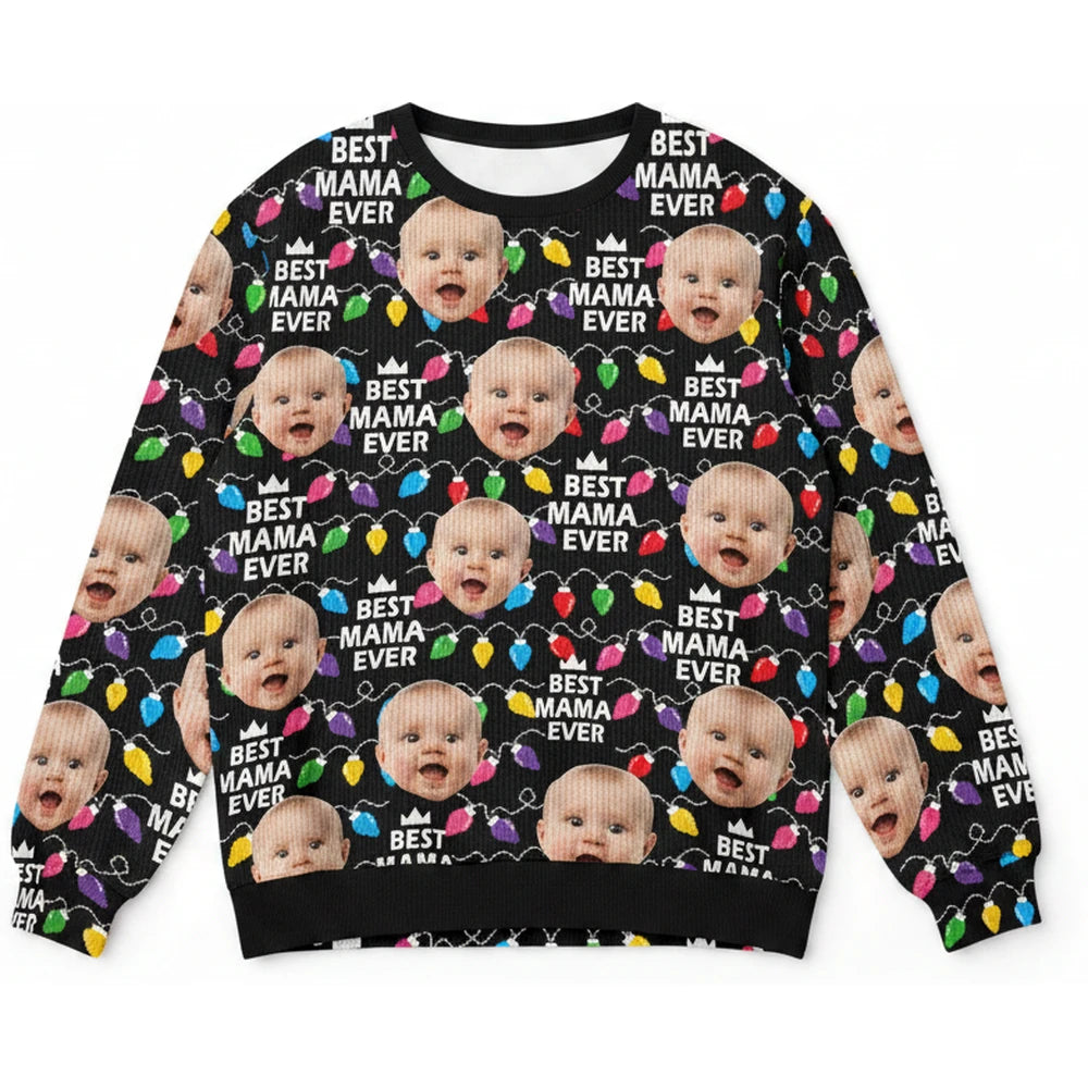 Custom Photo Upload Sweater with Best Mama Ever & Christmas Lights product on white background