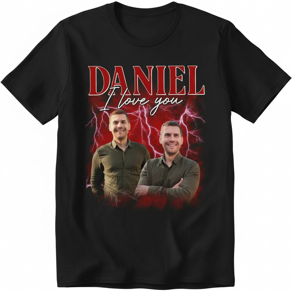 Custom Photo Upload T-Shirt with I Love You Text and Lightning product on white background