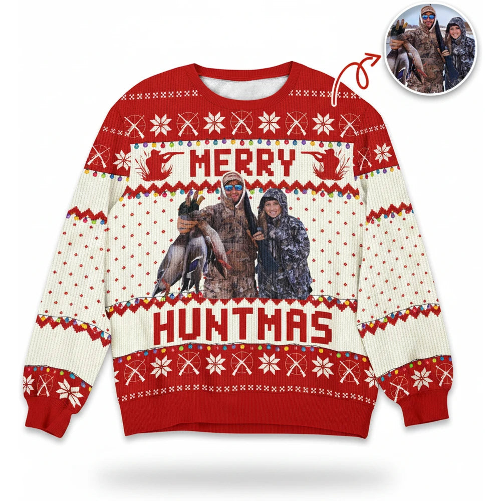 Custom Photo Upload Merry Huntmas Ugly Christmas Sweater product on white background