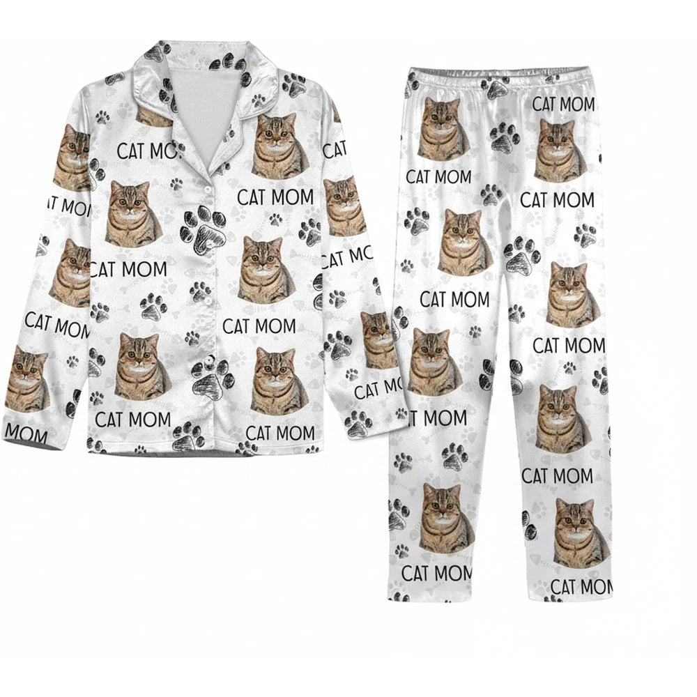 Custom Photo Upload Cat Mom Pajamas with Paw Prints product on white background