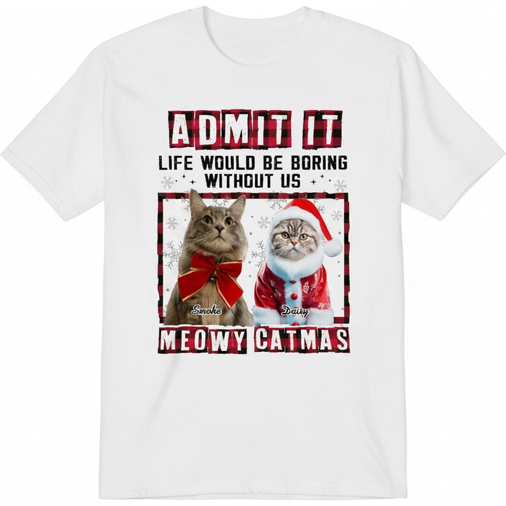 Custom Photo Upload T-Shirt with Cats and Christmas Theme product on white background