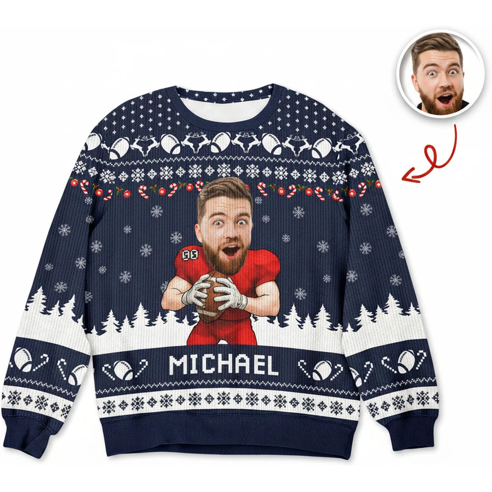 Custom Photo Upload Football Ugly Christmas Sweater with Snowflakes product on white background