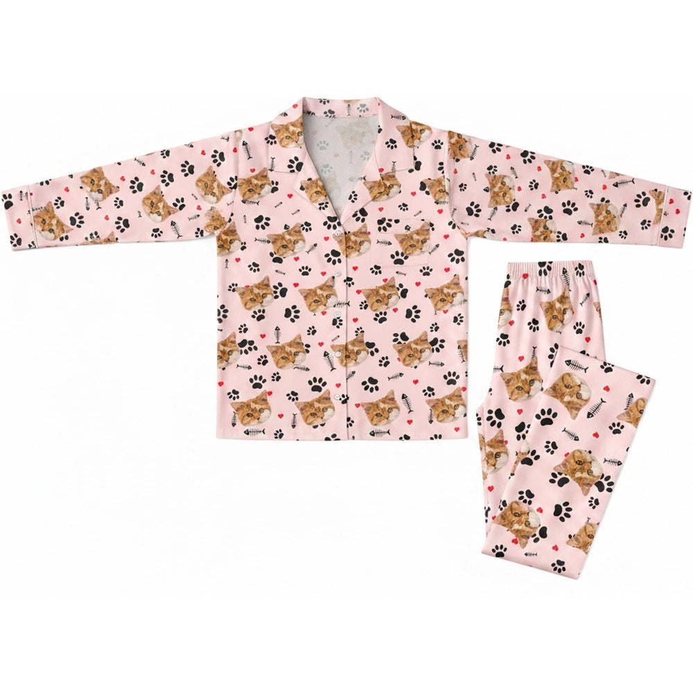 Custom Photo Upload Pajamas with Cat Faces and Paw Prints product on white background