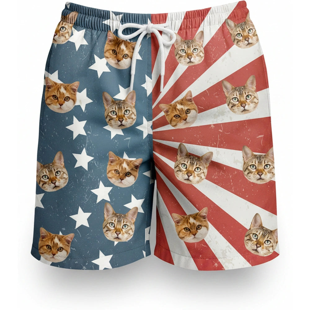 Custom Photo Upload Beach Shorts with Cat Face & American Flag product on white background