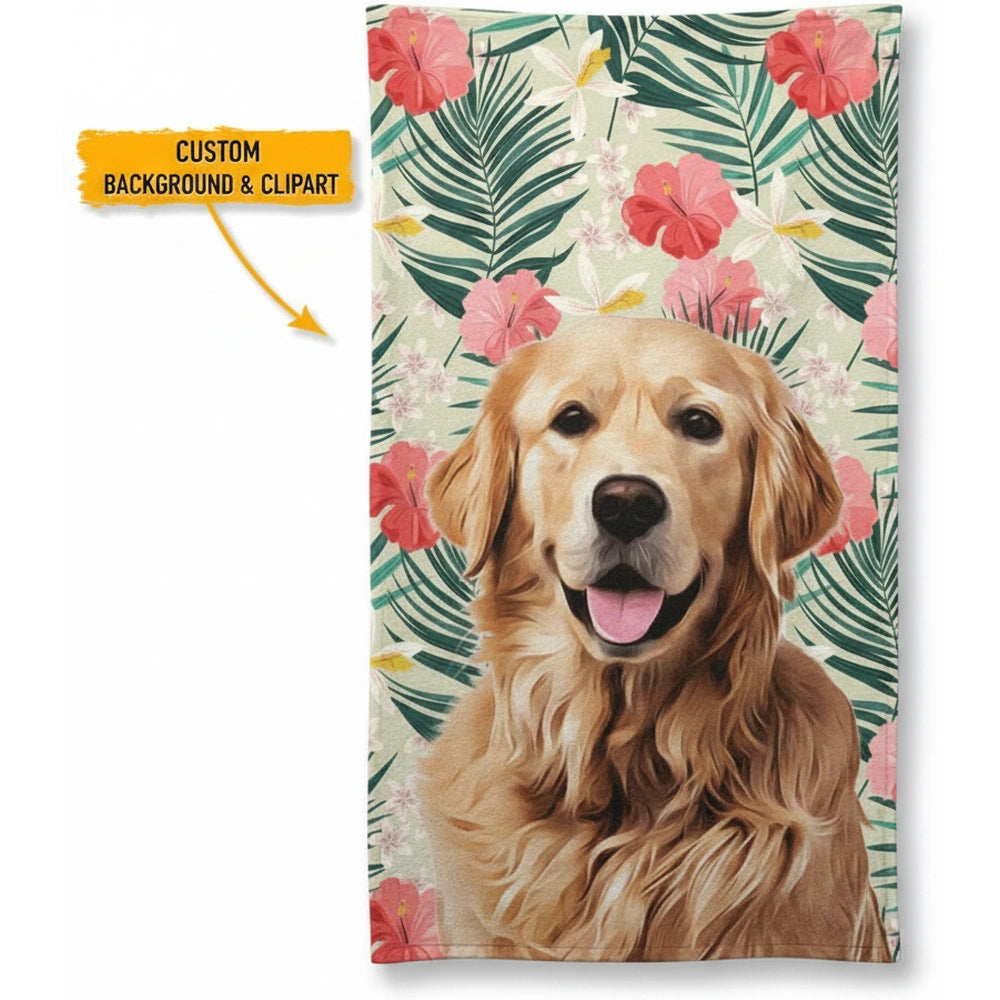 Custom Photo Upload Beach Towel with Tropical Flowers & Palm Leaves product on white background