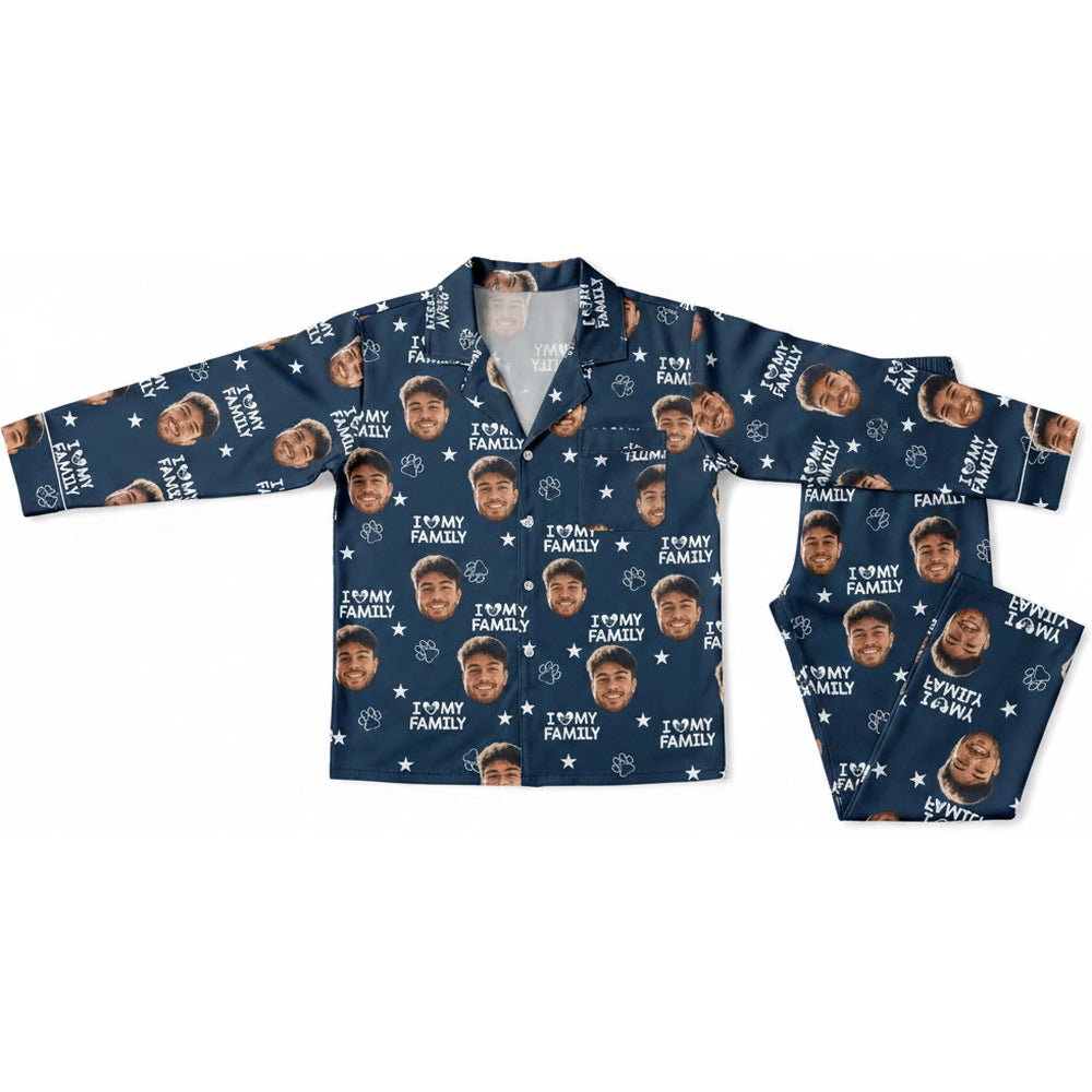 Custom Photo Upload Pajamas with I Love My Family & Paw Prints product on white