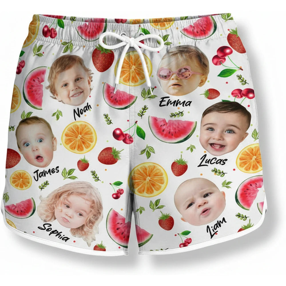 Custom Photo Beach Shorts with Watermelon & Strawberries product on white background