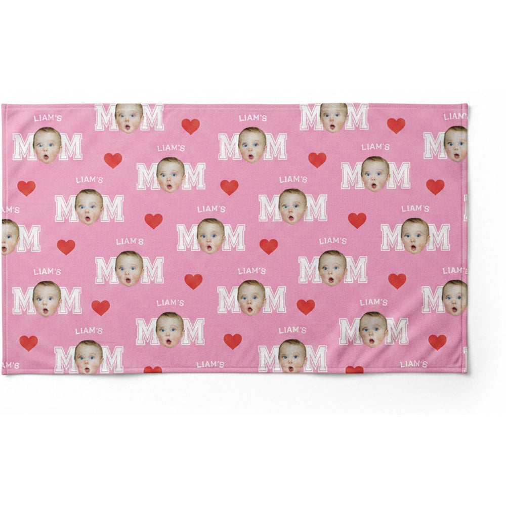 Custom Photo Upload Beach Towel with Hearts on Pink Background product on white background