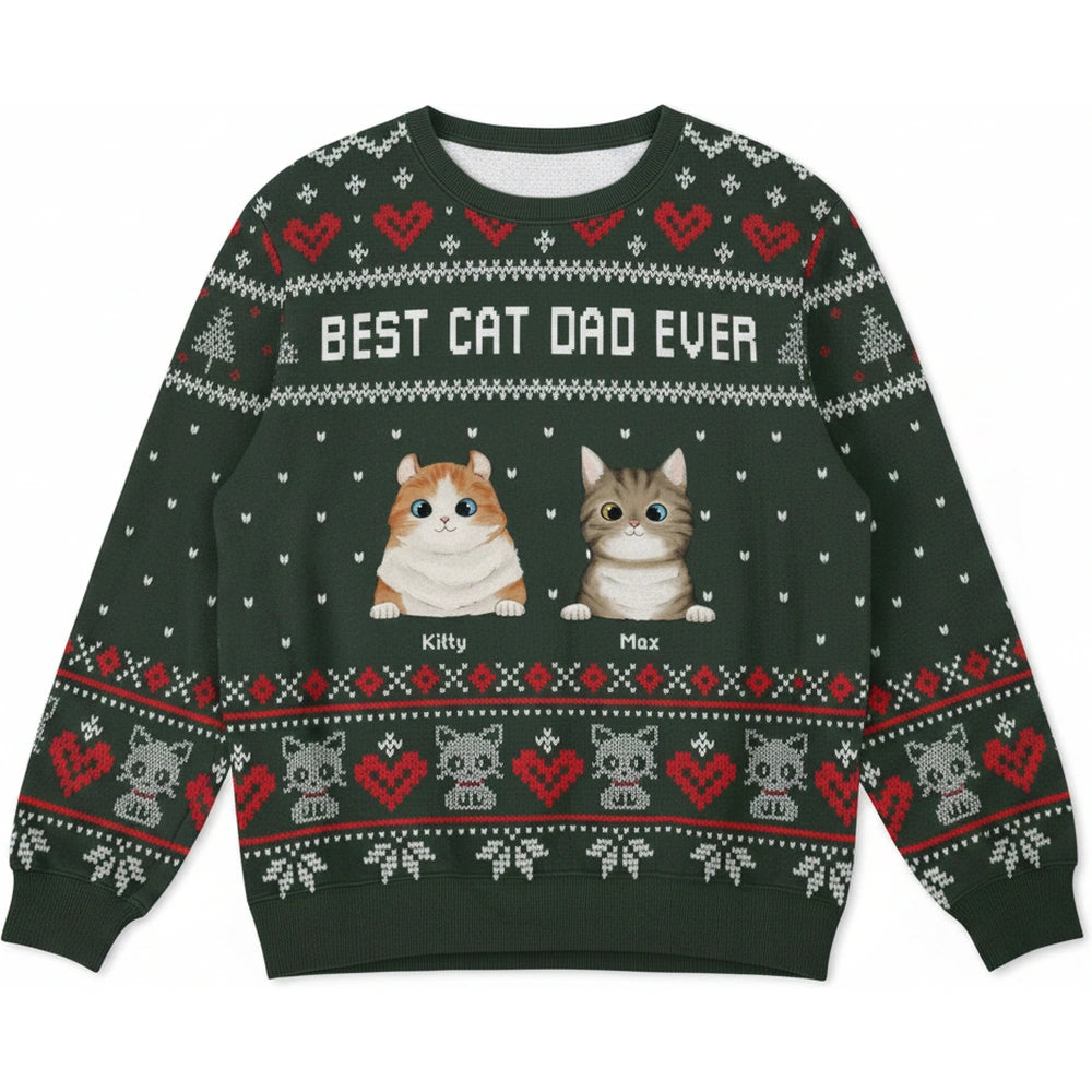 Custom Photo Sweater Best Cat Dad Ever with Ugly Christmas Pattern product on white background