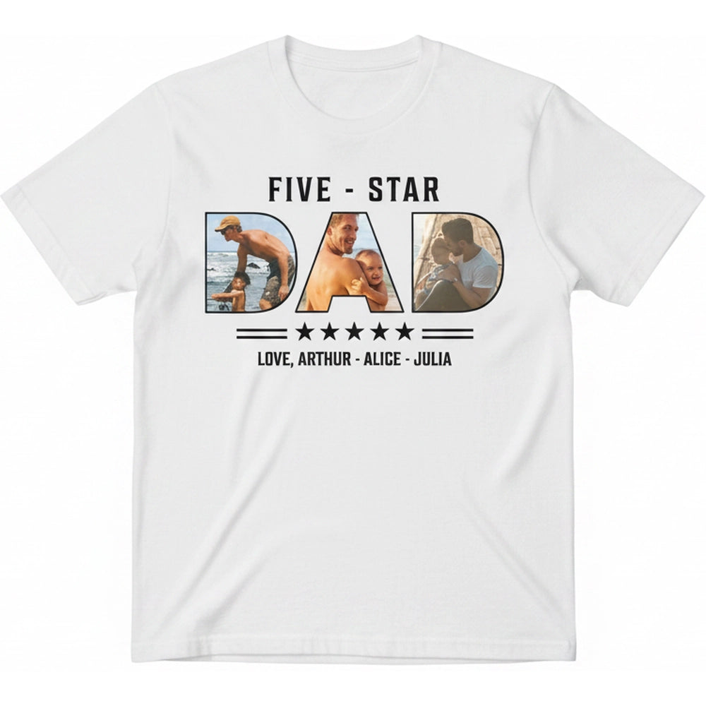 Custom Photo Upload T-Shirt with Five-Star Dad Text product on white background