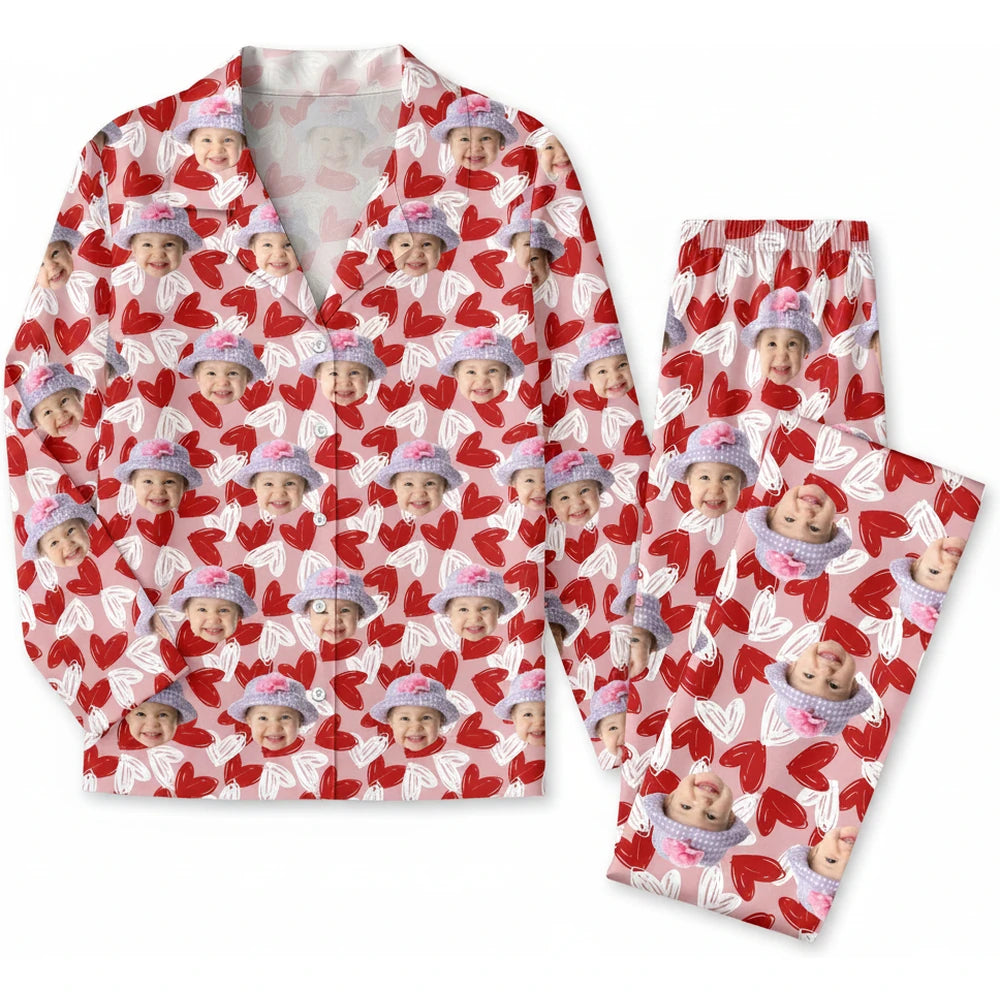 Custom Photo Upload Pajamas with Hearts Pattern product on white background