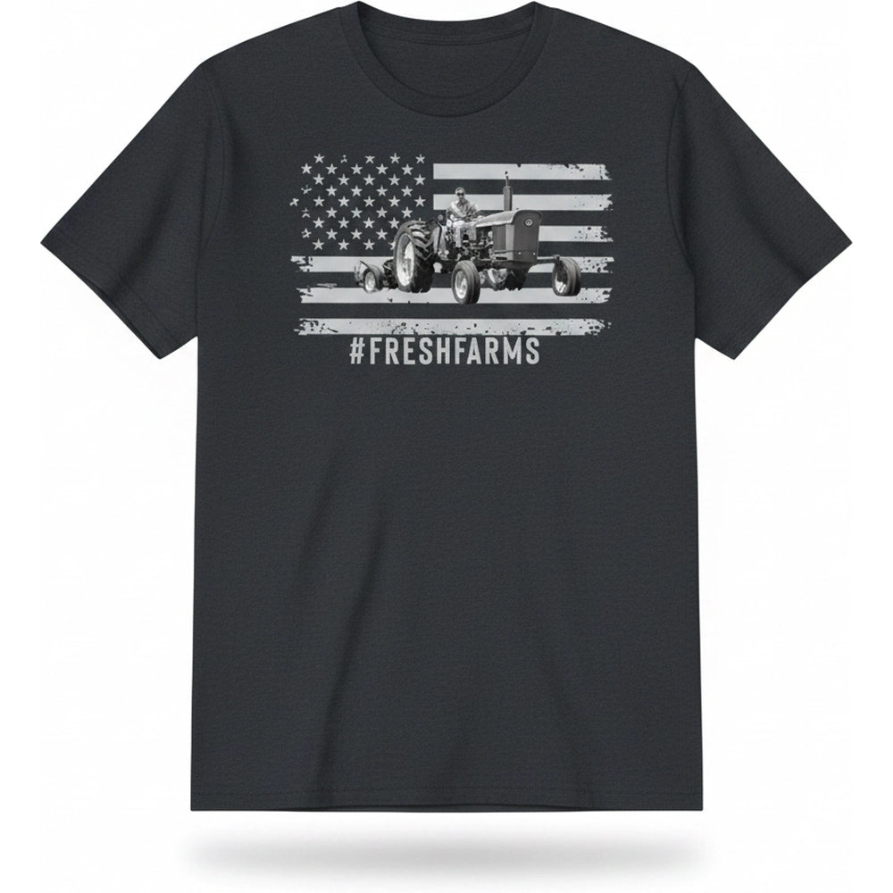 Custom Photo T-Shirt with American Flag Tractor and FRESHFARMS product on white background