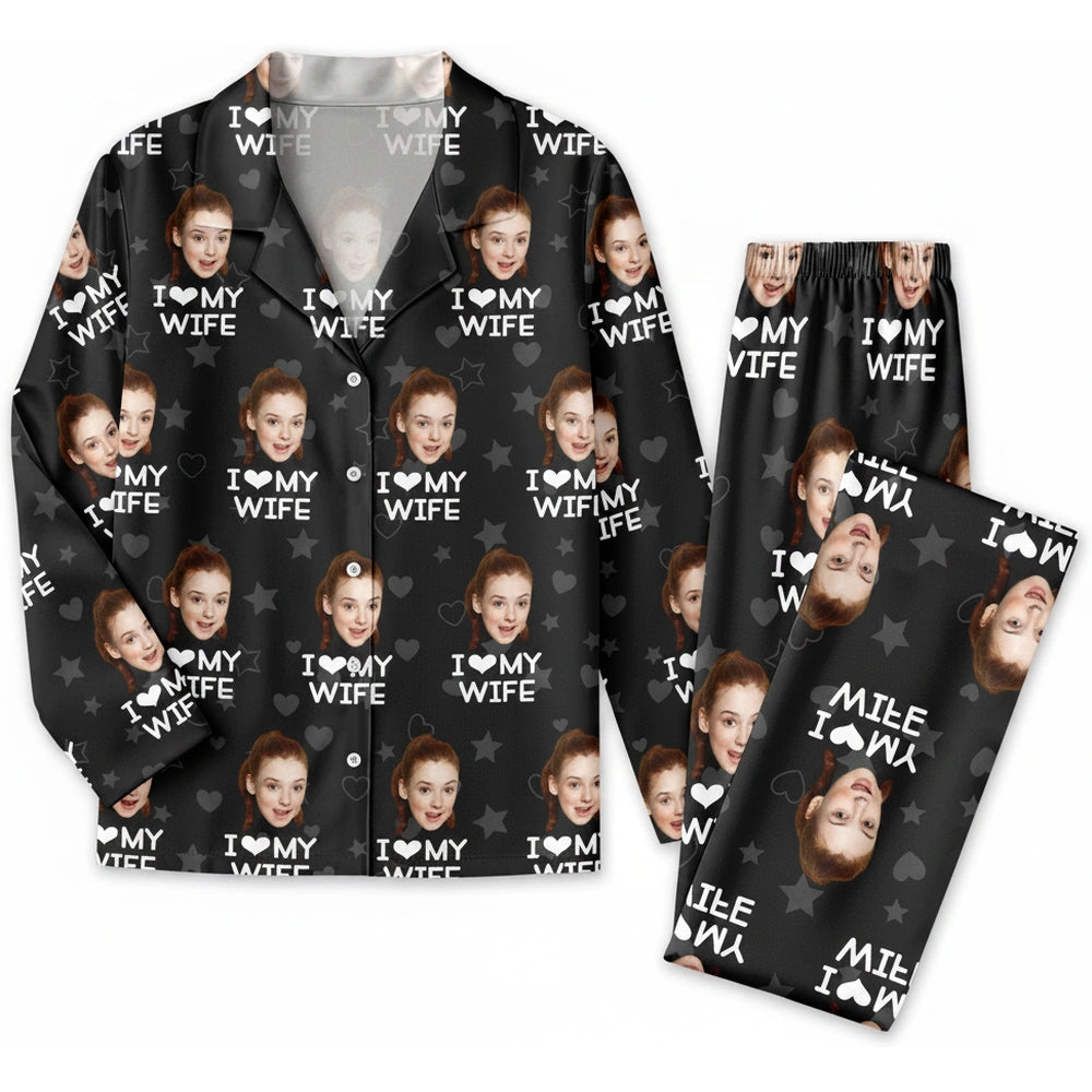 Custom Photo Upload I Love My Wife Pajamas with Hearts and Stars product on white