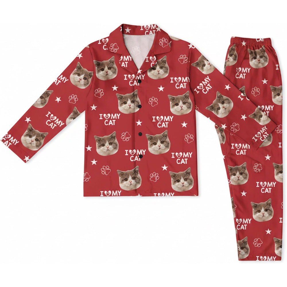 Custom Photo Upload Pajamas with I Love My Cat & Paw Prints product on white