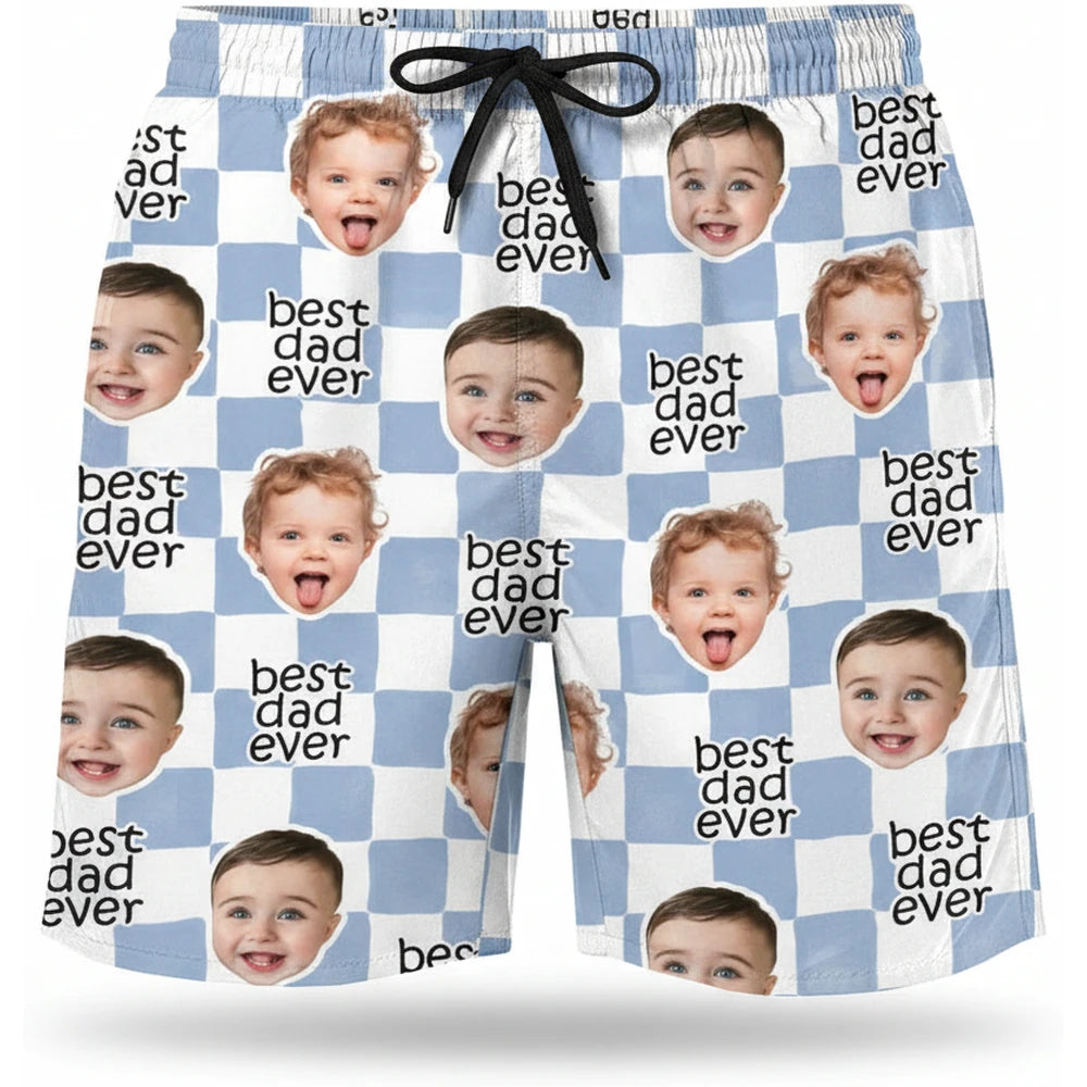 Custom Photo Upload Beach Shorts with Best Dad Ever Checkerboard product on white background