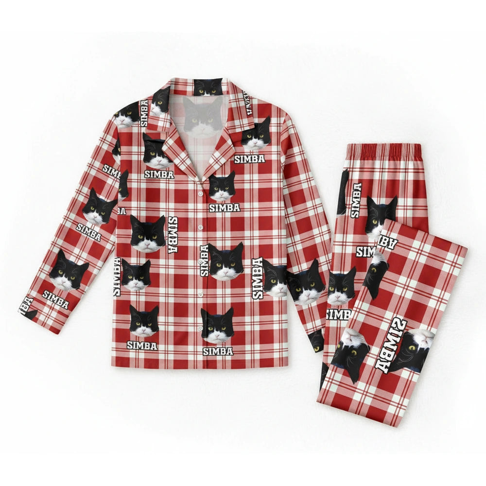 Custom Photo Upload Red Plaid Pajamas with Cat Face Pattern product on white background