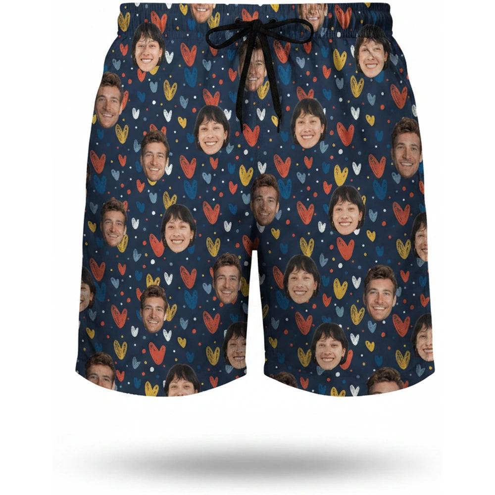 Custom Photo Upload Beach Shorts with Colorful Hearts product on white background