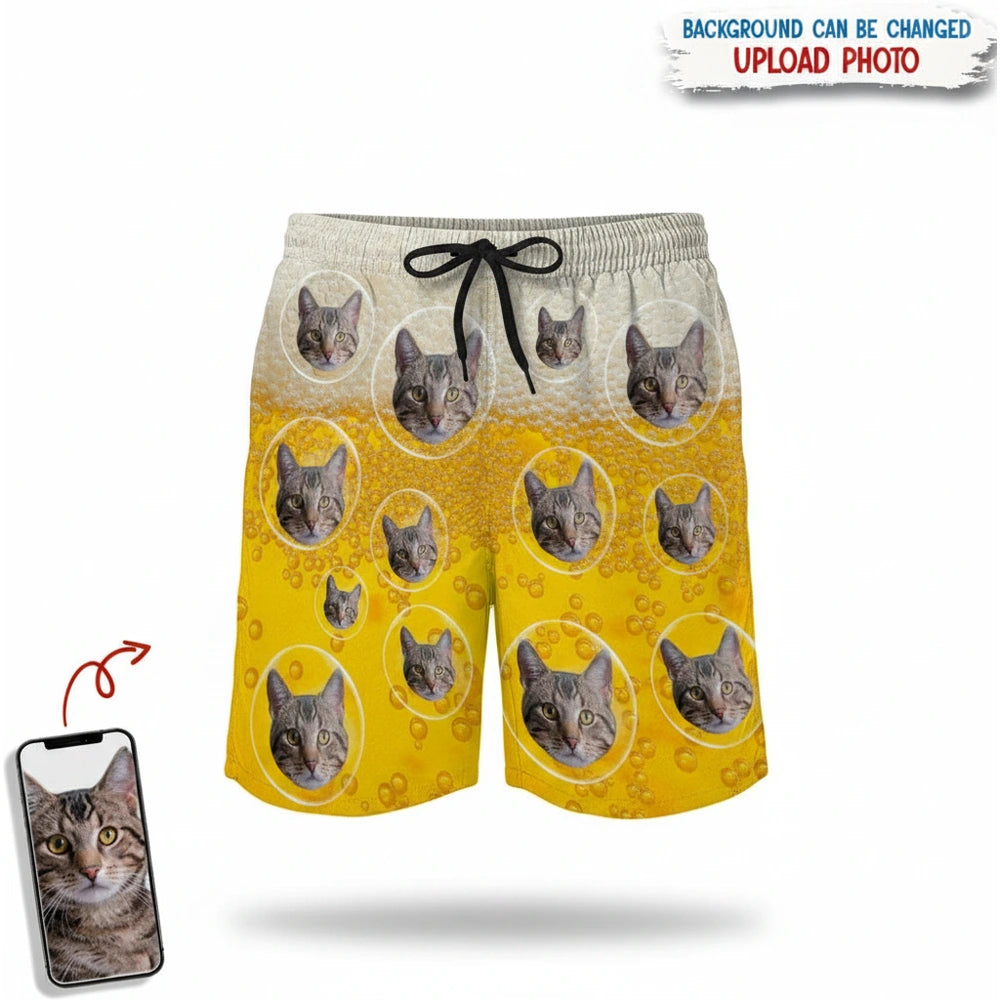 Custom Photo Upload Beach Shorts with Beer Bubble Design product on white background