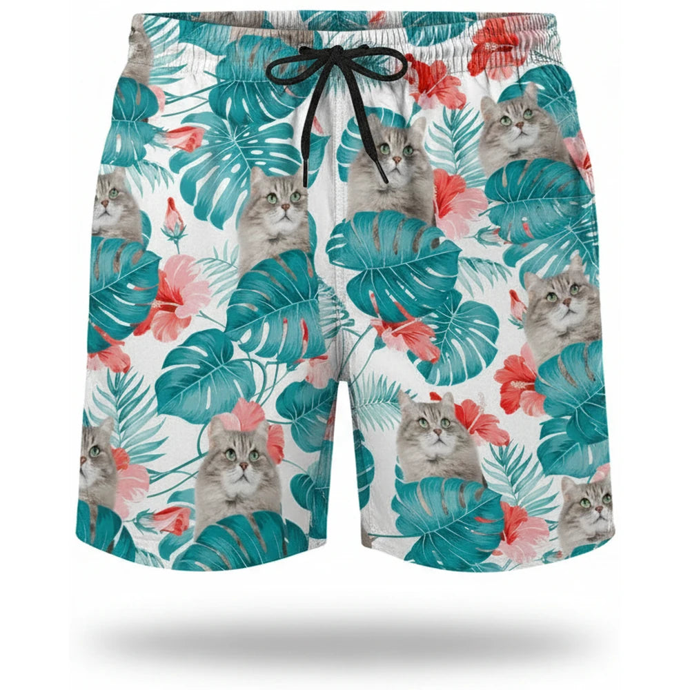 Custom Photo Upload Beach Shorts with Tropical Leaves & Hibiscus product on white background