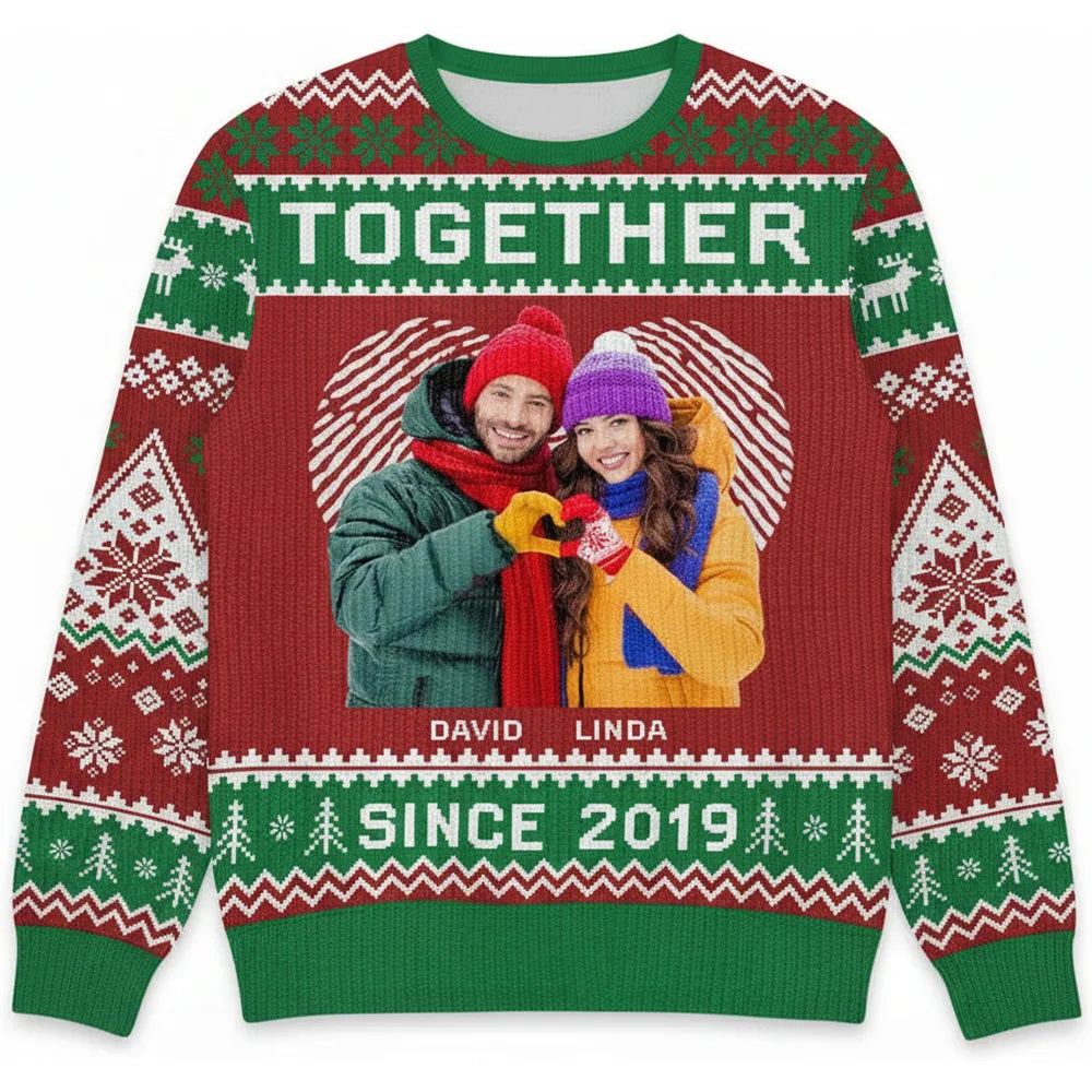 Custom Photo Upload Sweater with Together Since Holiday Pattern product on white background