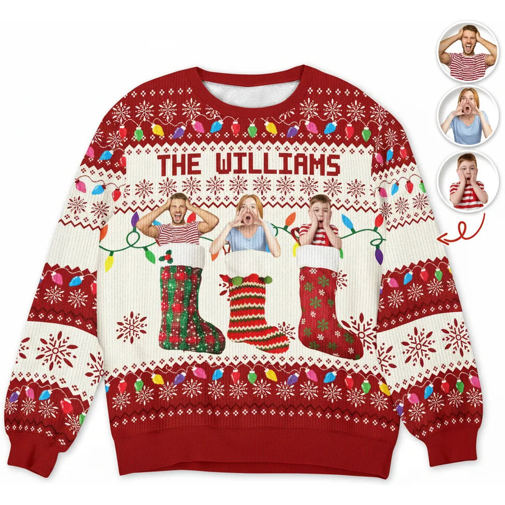 Custom Photo Upload Sweater with Christmas Stockings & Snowflakes product on white background