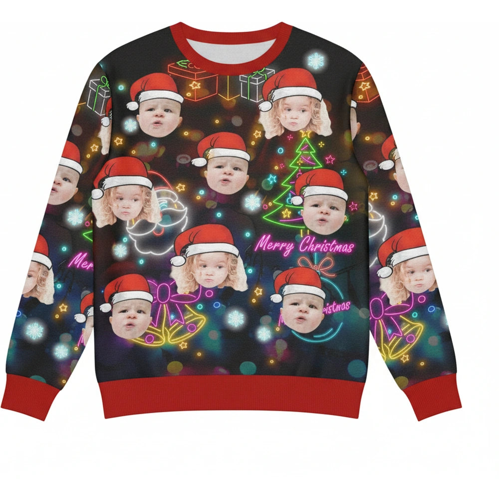 Custom Photo Upload Merry Christmas Sweater with Neon Lights & Trees product on white background