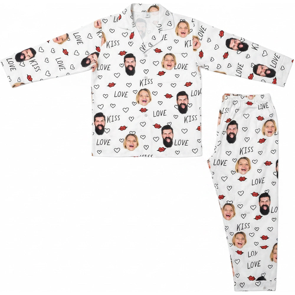 Custom Photo Upload Pajamas with Love Kiss Hearts and Red Lips product on white background
