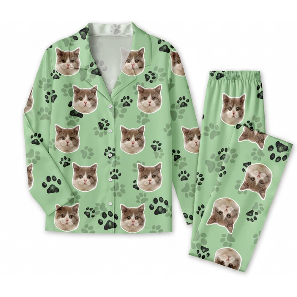 Custom Photo Upload Pajamas with Cat Faces and Paw Prints product on white background