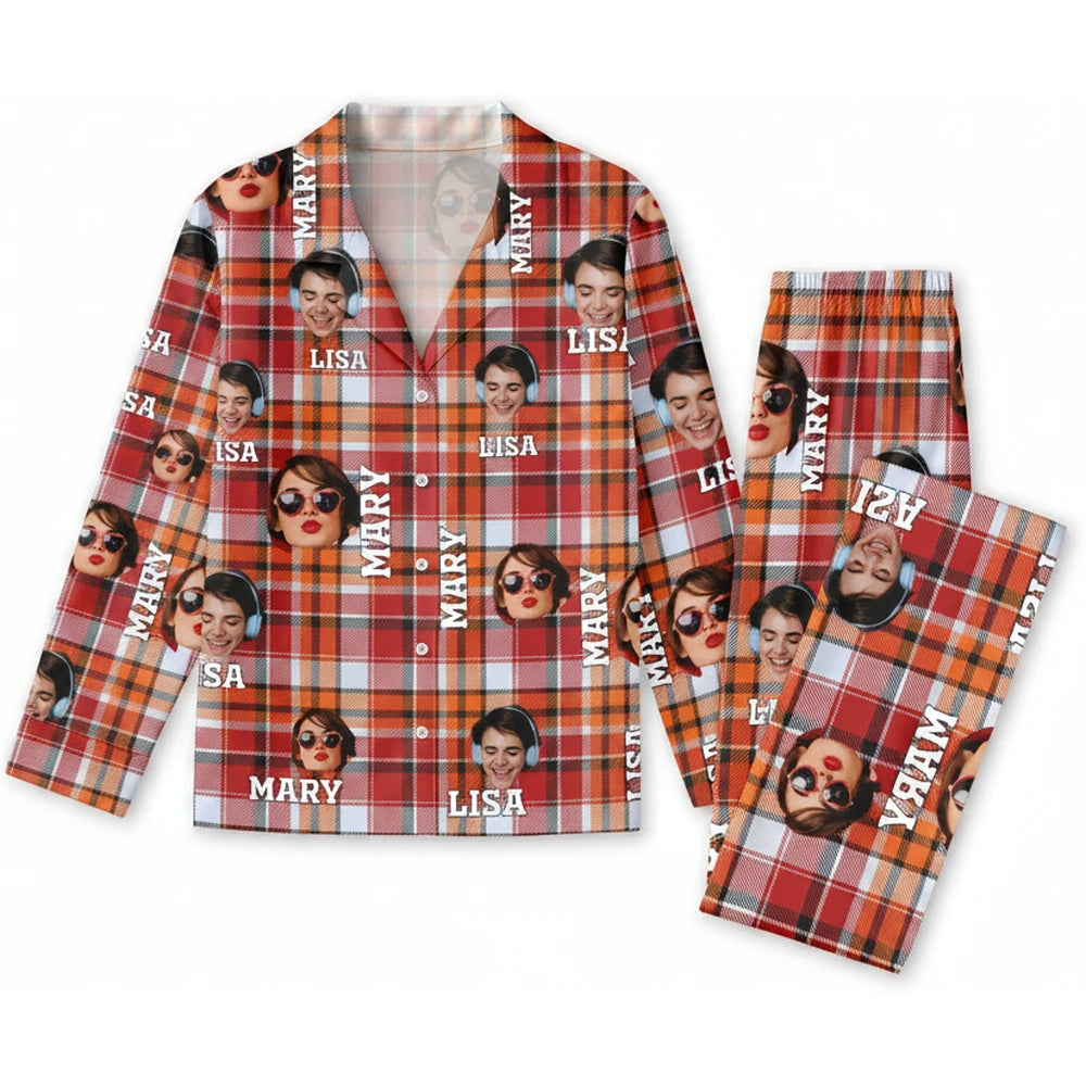 Custom Photo Upload Plaid Pajamas with Personalized Names product on white background