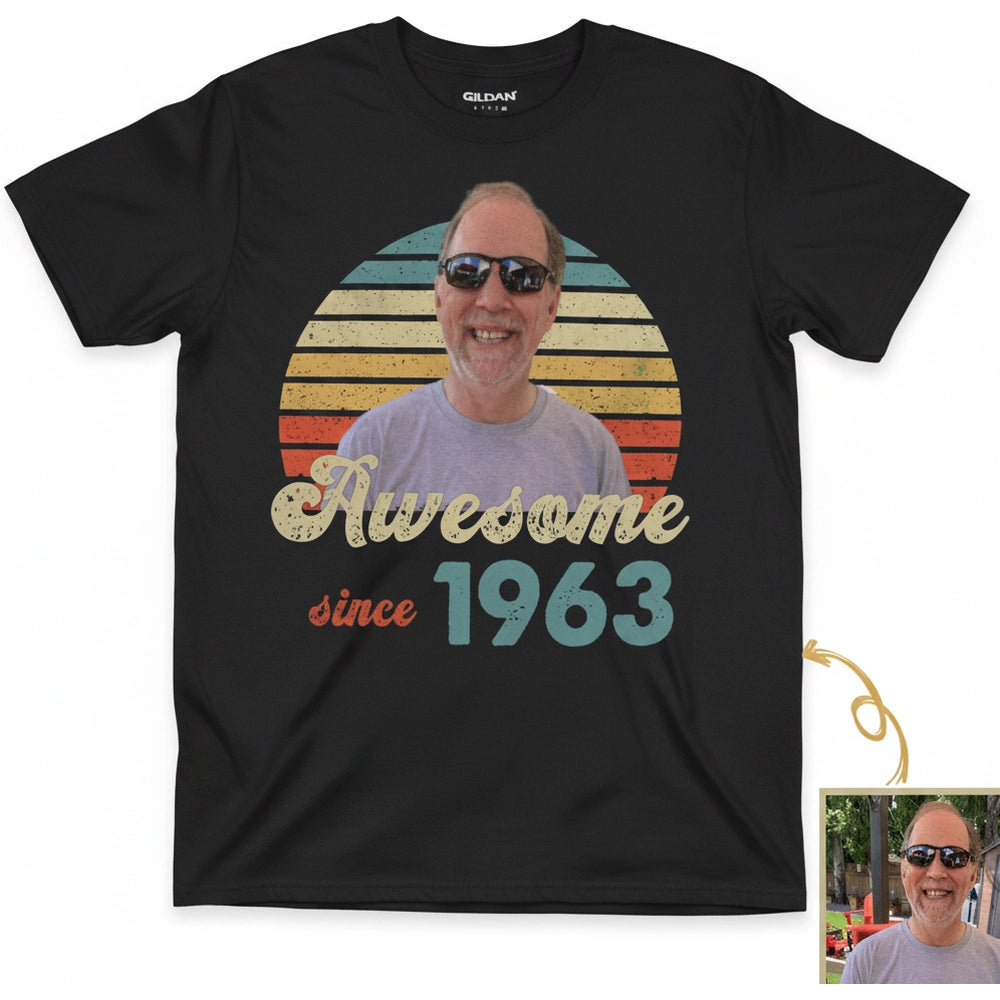 Custom Photo Upload T-Shirt with Retro Sunset Awesome since 1963 product on white background