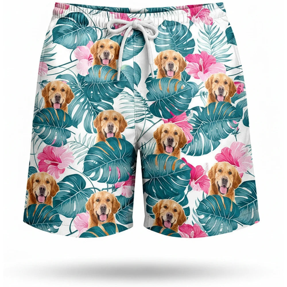 Custom Photo Upload Beach Shorts with Tropical Leaves & Hibiscus product on white background
